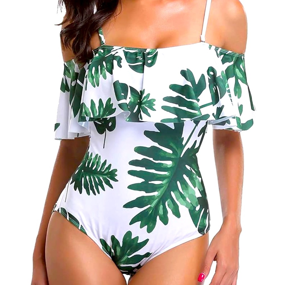 NWT White and Green Floral Ruffled Shoulder Monikini Plus Size 1XL